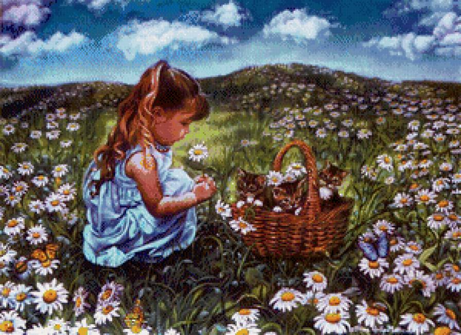 триша райли-матеус 3 девочка на лугу - котята, картина, девочка, триша райли матеус, дети - предпросмотр