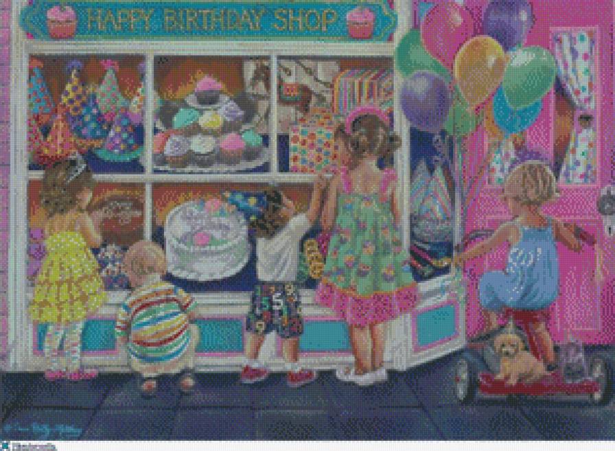 триша райли матеус 4 дети возле магазина подарков - дети, кдети, картина, игрушки, триша райли матеус, девочка - предпросмотр