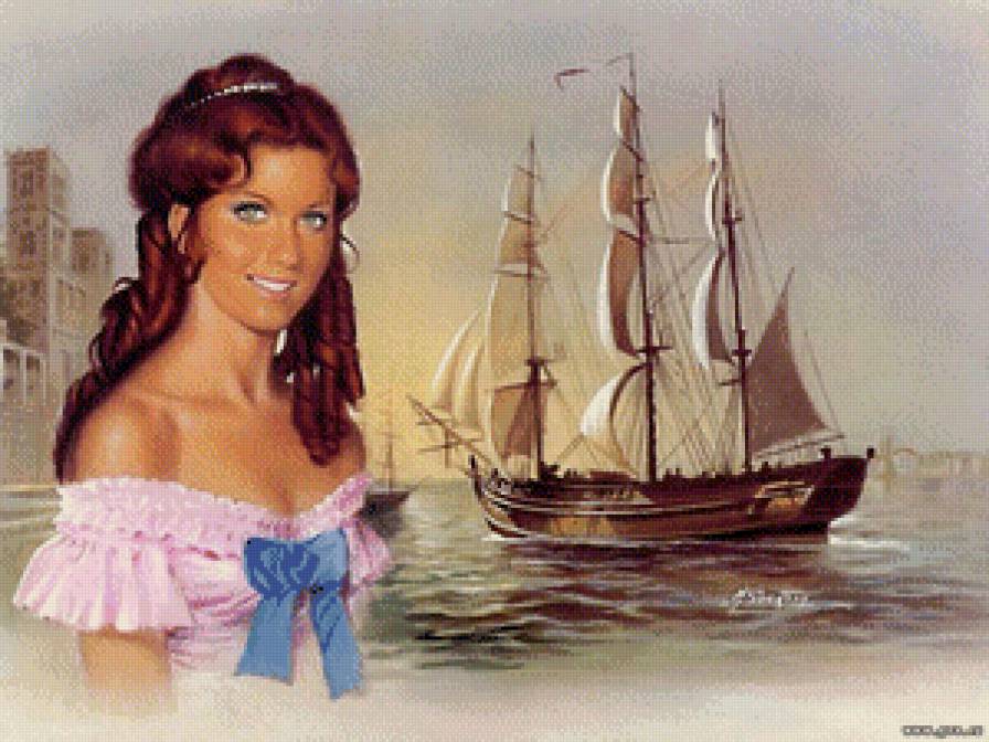 Девушка и парусник - корабль, пейзаж, девушка, красавица, море - предпросмотр