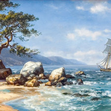 Схема вышивки «парусник у берега»