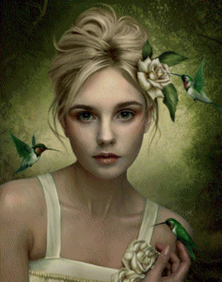 девушка и колибри - картина фэнтэзи - предпросмотр