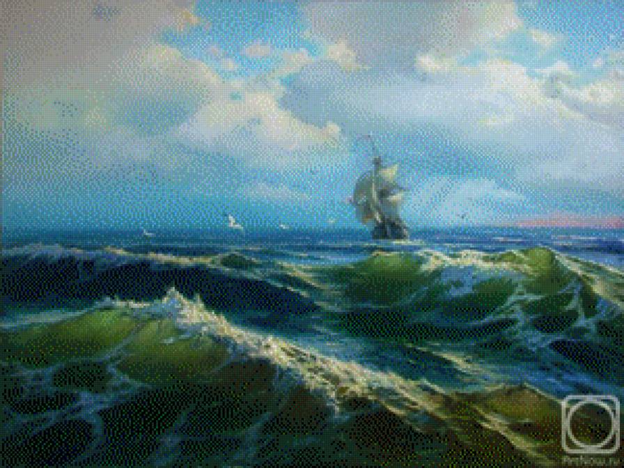 в открытом море - чайки, корабль, море - предпросмотр