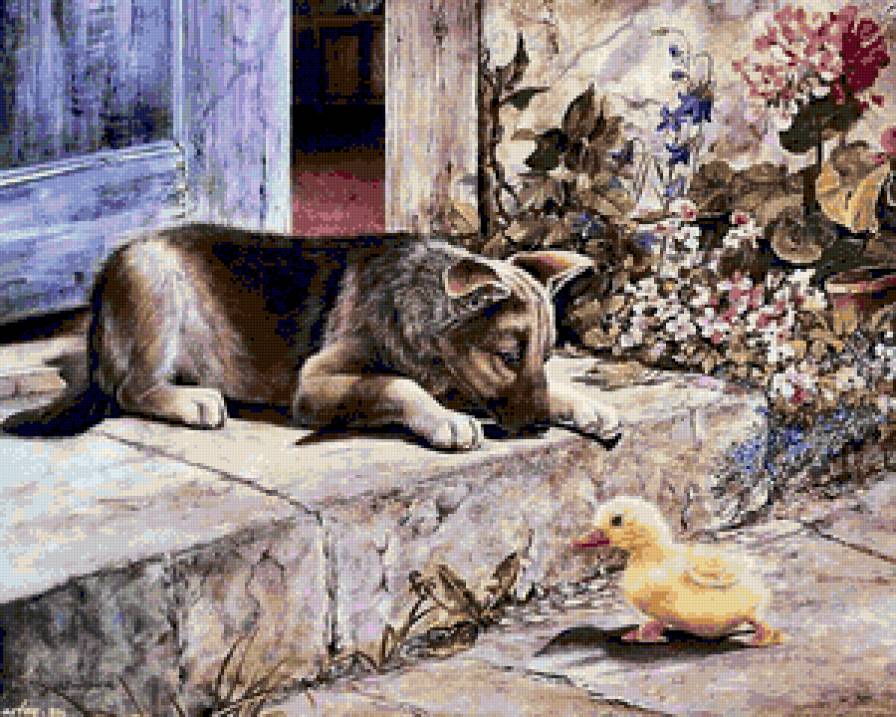 Встреча - картины, животные, утята, собаки - предпросмотр