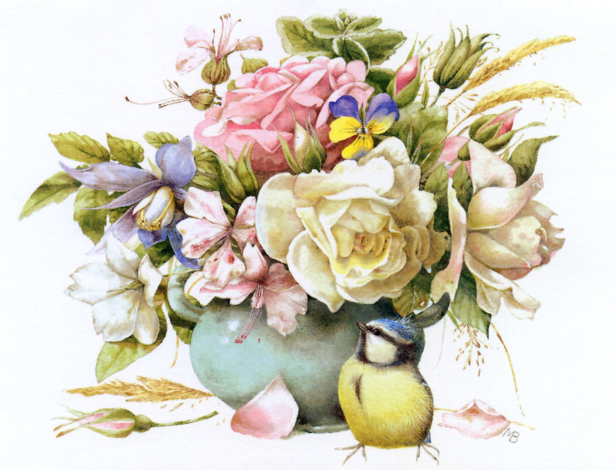 Букет с синицей - натюрморт, цветы, птицы - оригинал