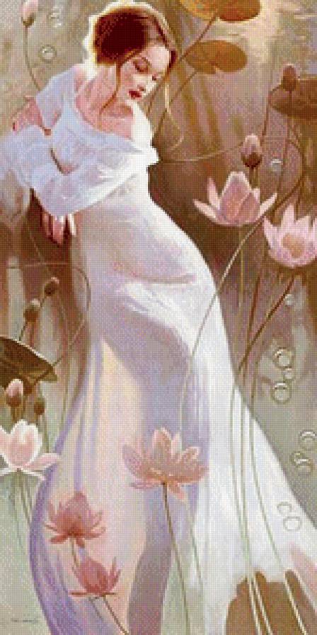 Девушка с лотосами - красавица, девушка, дама, цветы - предпросмотр