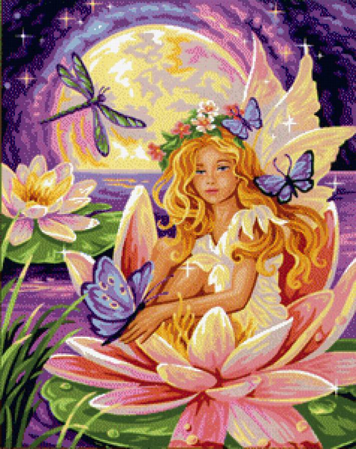Фея бабочек - фэнтези, цветы, лотосы, бабочки, девушка - предпросмотр