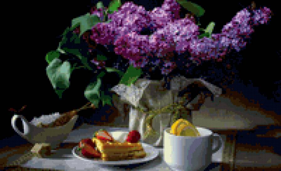 завтрак - натюрморт, цветы, сирень, кухня, букет - предпросмотр