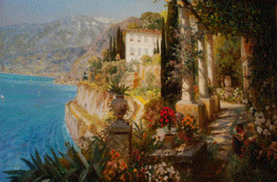 морской пейзаж - городок, горы, море - предпросмотр