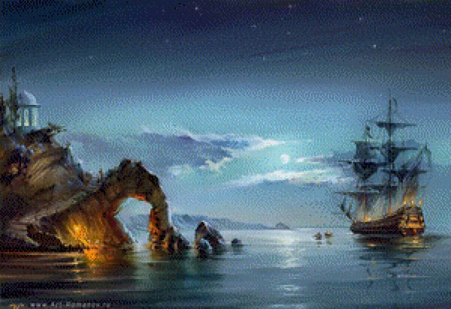 ночь у острова - море, остров, ночь, корабль - предпросмотр