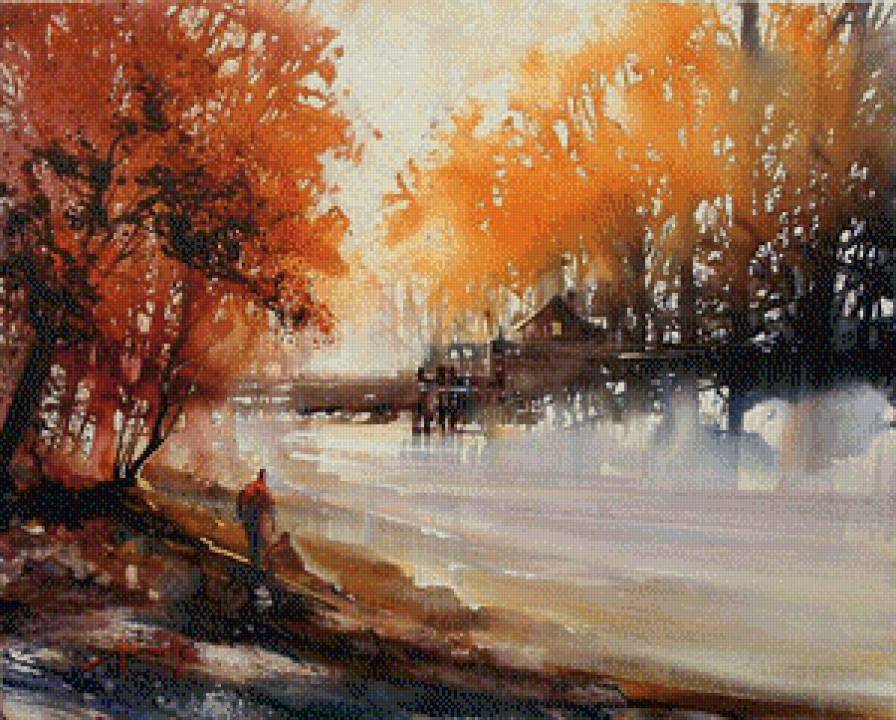 осень на реке - природа, живопись, акварель, осень, река, рейзаж - предпросмотр