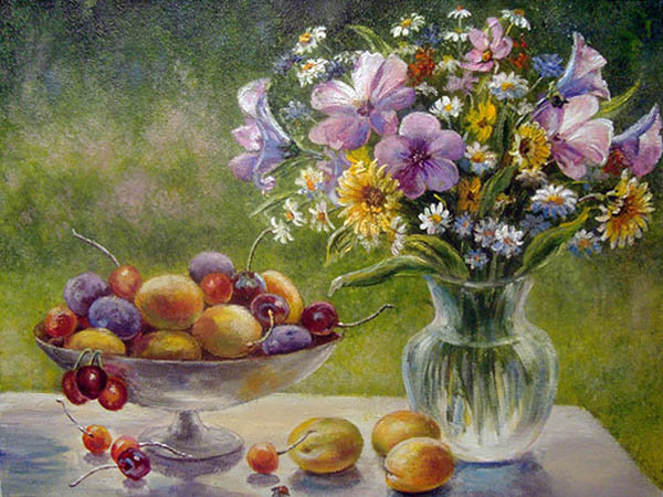 Букет с фруктами - ваза, цветы, букет, натюрморт - оригинал
