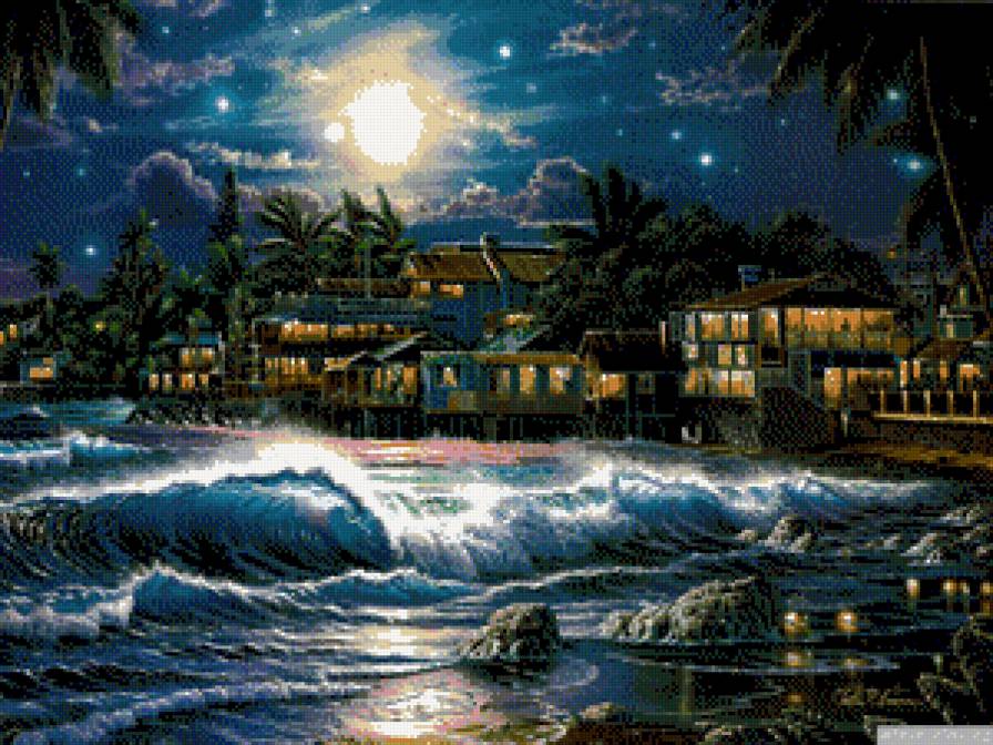 ночное побоережье - ночь, дом, море, берег, вода, луна - предпросмотр