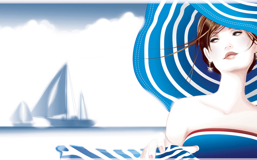 На пляже - море, корабль, девушка - оригинал