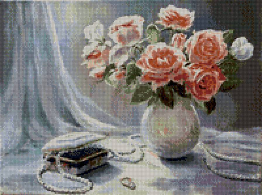 ваза с розами - украшение, натюрморт, шкатулка, цветы, розы, ваза - предпросмотр