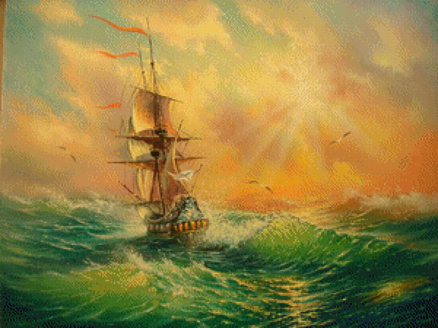 солнце в тумане - солнце, море, корабль - предпросмотр