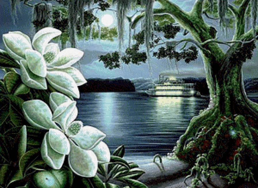 Ночной пейзаж - река, ночь, пейзаж, цветы, теплоход - предпросмотр