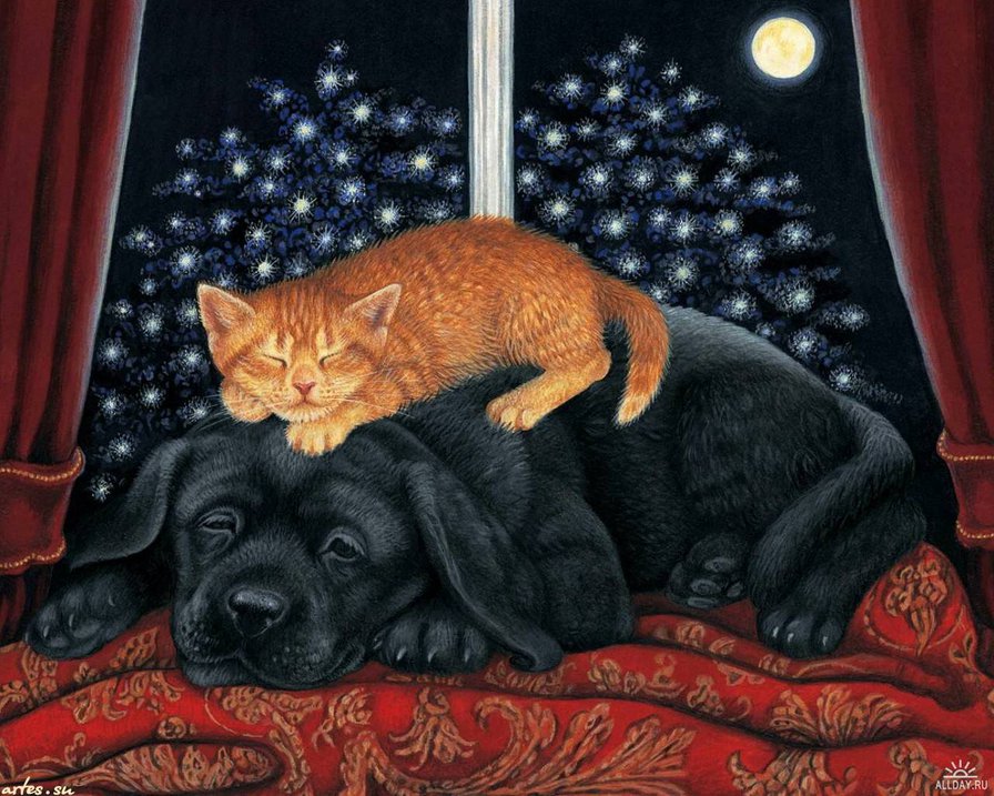 друзья - собаки, живопись, коты - оригинал