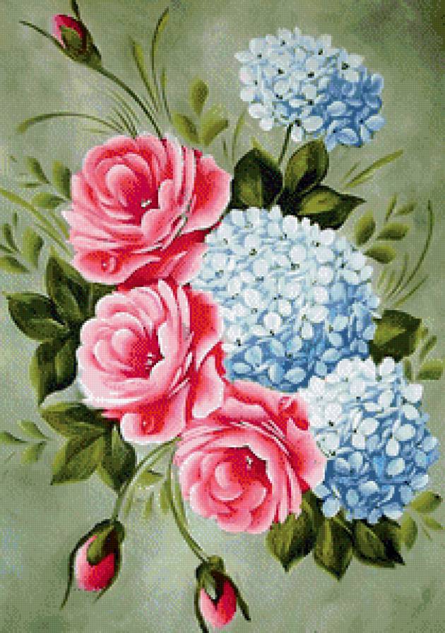 Розы и гортензии - цветы - предпросмотр