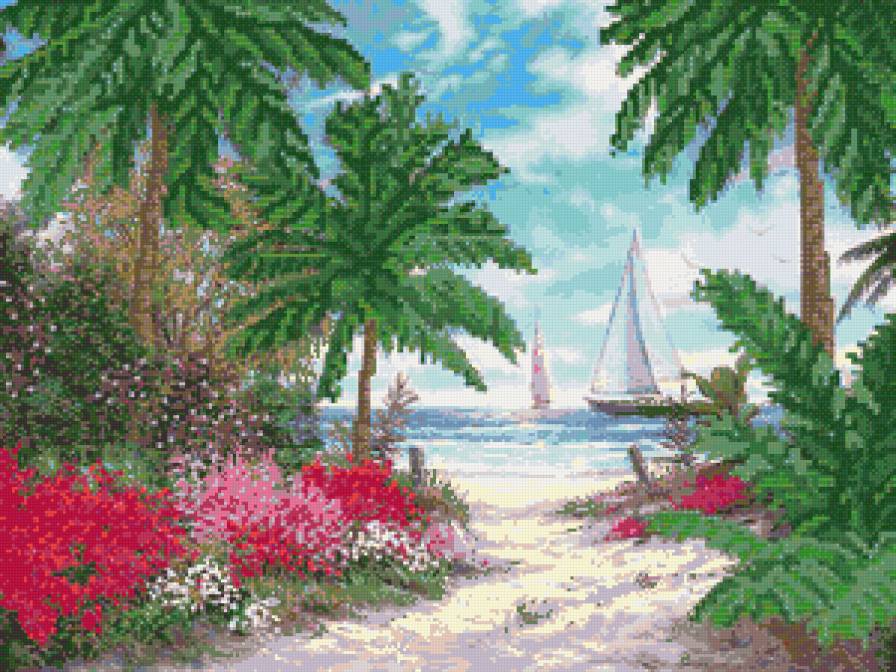 вид на море - пальмы, море, цветы - предпросмотр