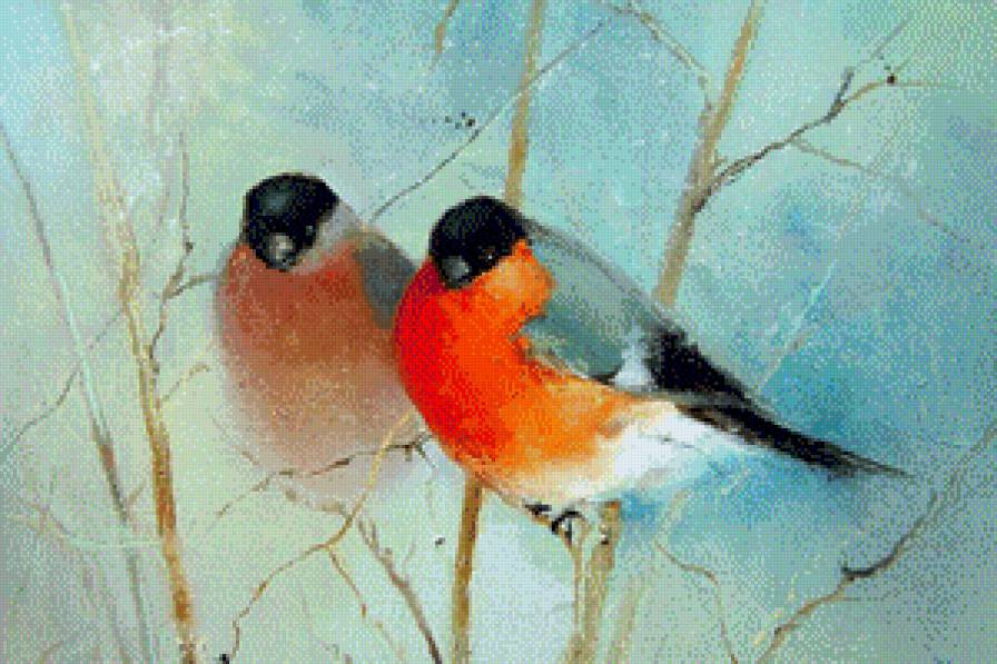 Снегири - живопись, снегири, птицы - предпросмотр