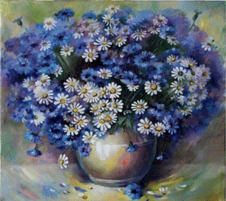 Букет полевых цветов - букет, ромашки, цветы, васильки, живопись - предпросмотр