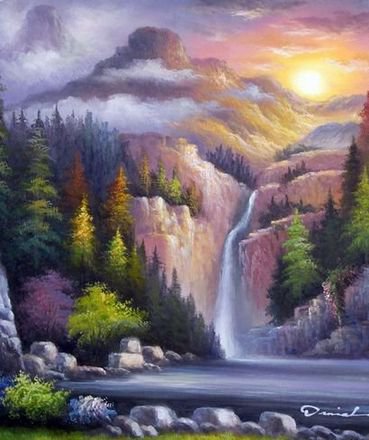 горный пейзаж с водопадом - пейзаж, водопад - оригинал