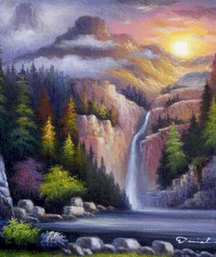 горный пейзаж с водопадом - пейзаж, водопад - предпросмотр