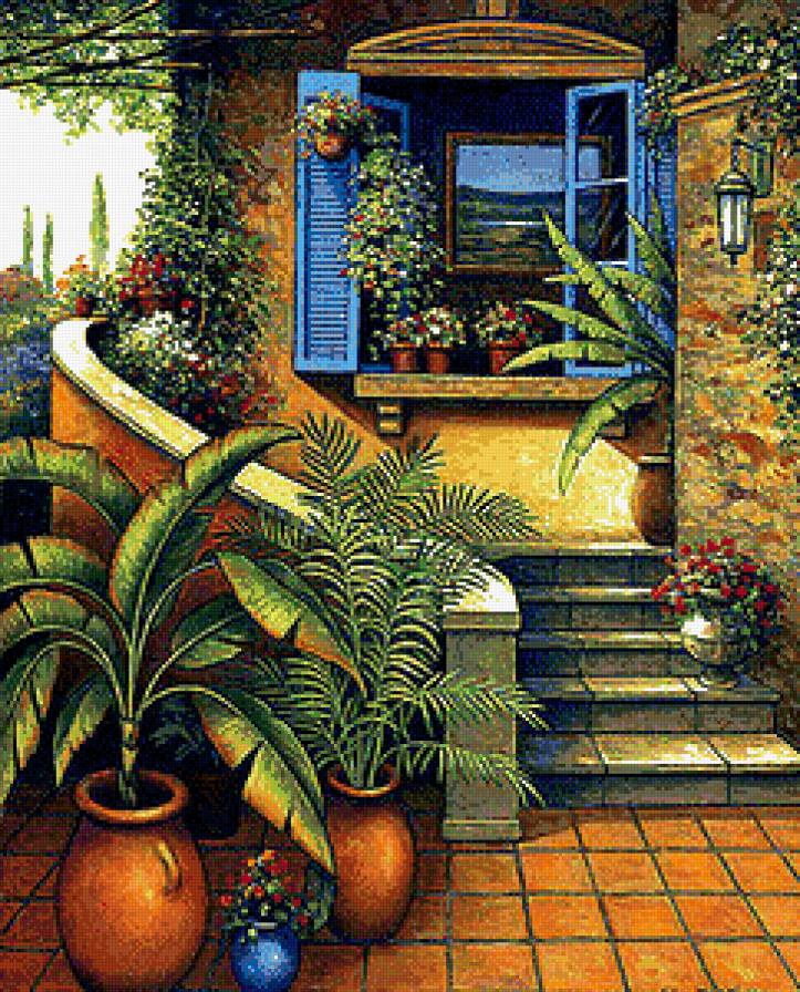 Солнечный дворик - дом, море, цветы, дворик - предпросмотр