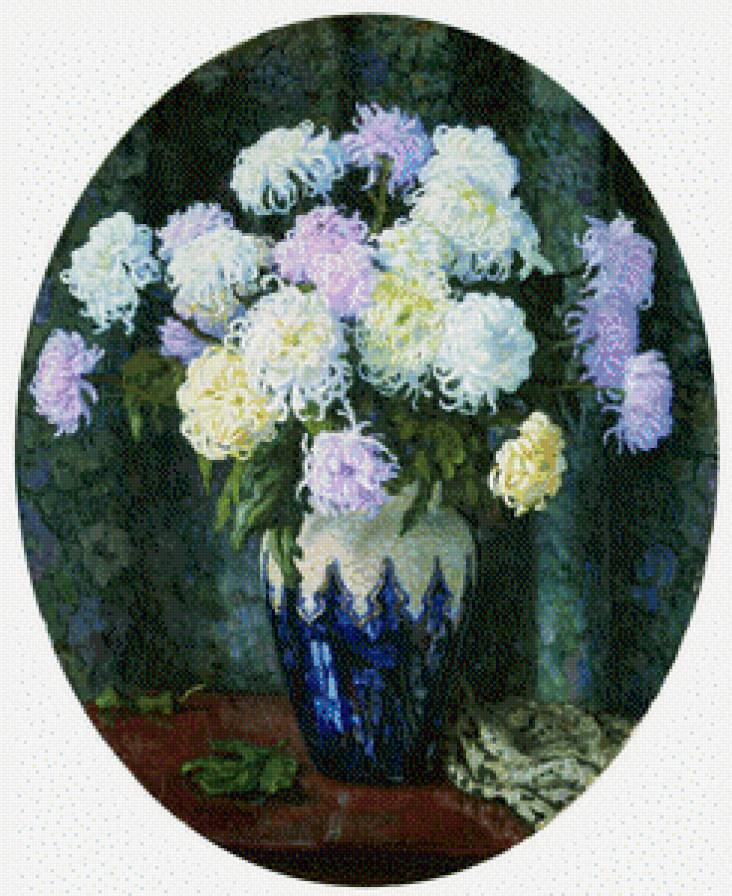 СЕРИЯ "БУКЕТЫ". ВАЗА С ХРИЗАНТЕМАМИ - скатерть, стол, ваза, хризантемы, натюрморт - предпросмотр