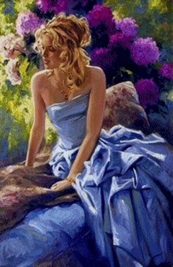 девушка в синем с цветами - лдевушка, цветы, люди - предпросмотр