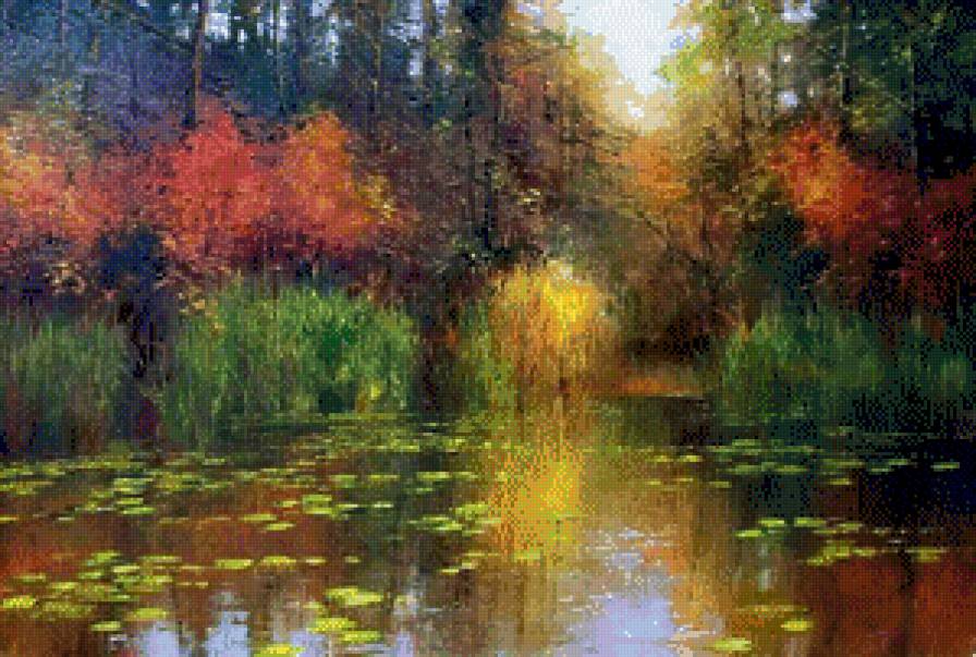 озеро в лесу - природа, henryk radziszewski, озеро, краски, лес, осень, пейзаж - предпросмотр