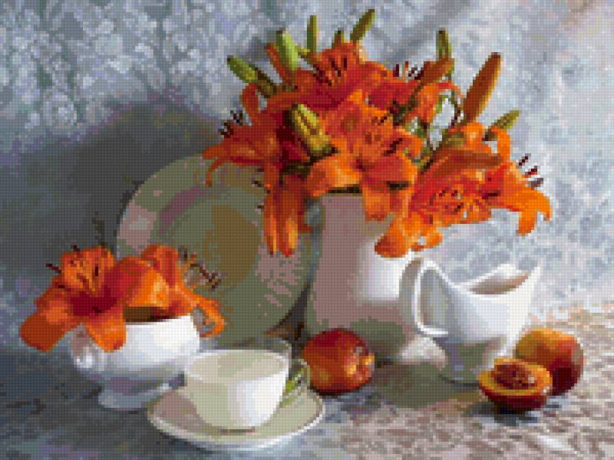 кувшин с цветами - фрукты, кухня, натюрморт, цветы - предпросмотр