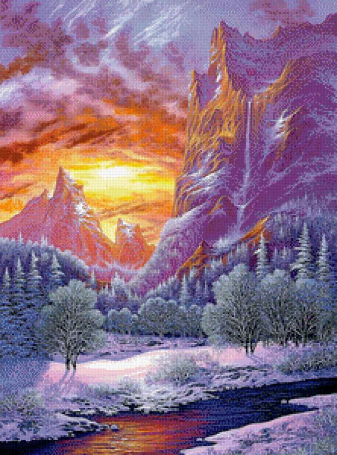 Зима в горах - пейзаж, закат, елочки, солнце, горы, зима - предпросмотр