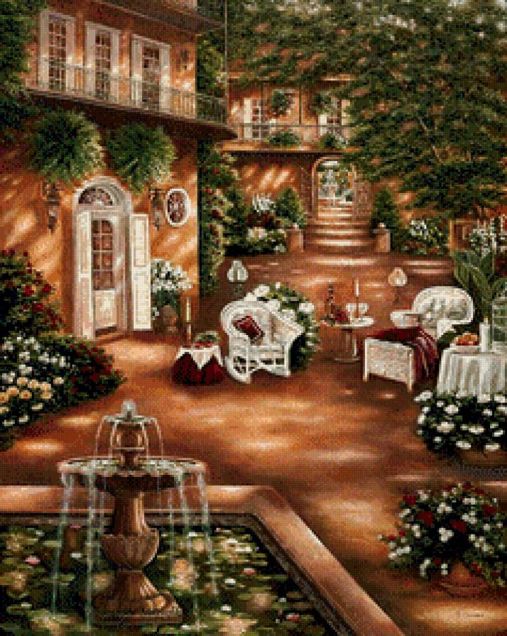 Дворик с фонтаном - цветы, дворик, фонтан - предпросмотр