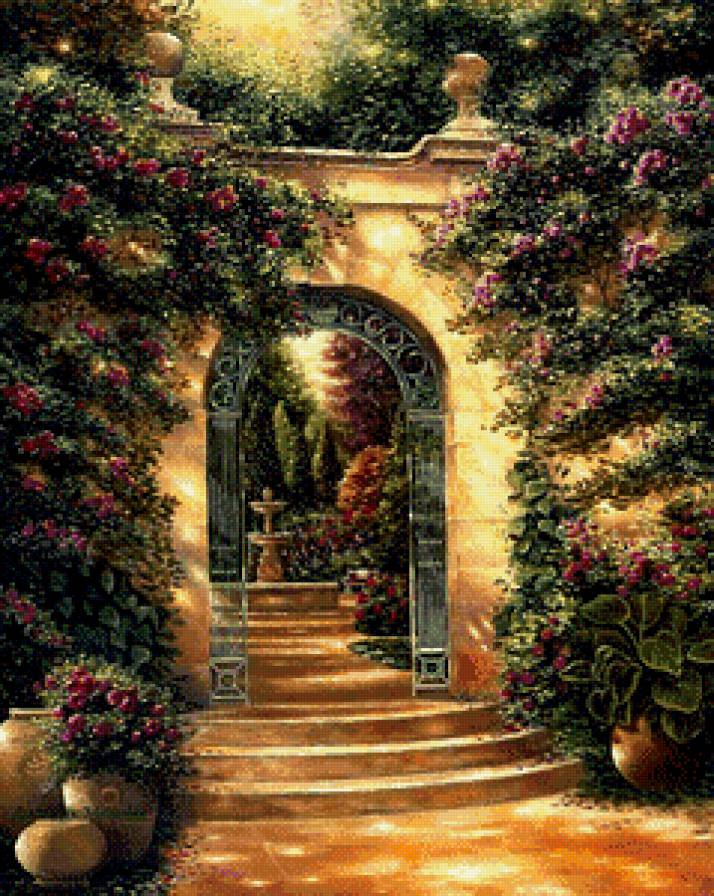 Цветущий сад - калитка, сад, цветы - предпросмотр