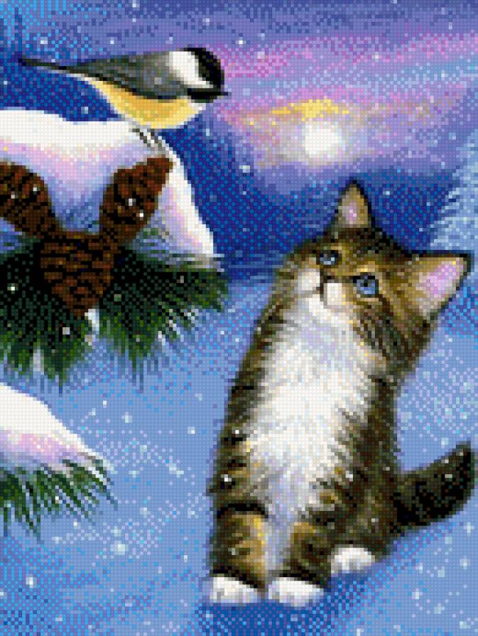 Котенок и птичка - зима, зверушки, птичка, котик - предпросмотр