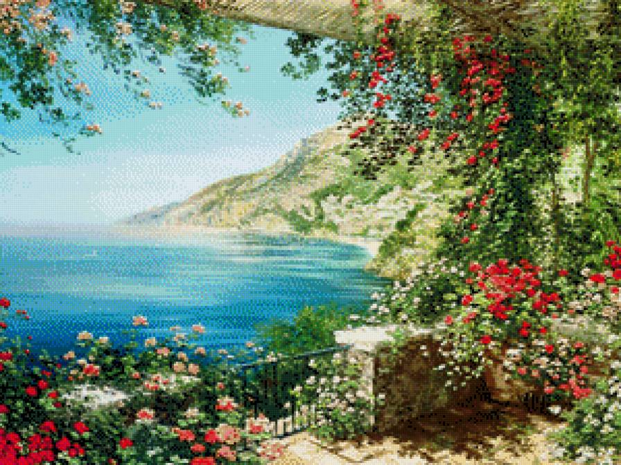 цветуший берег - берег, цветы, море - предпросмотр