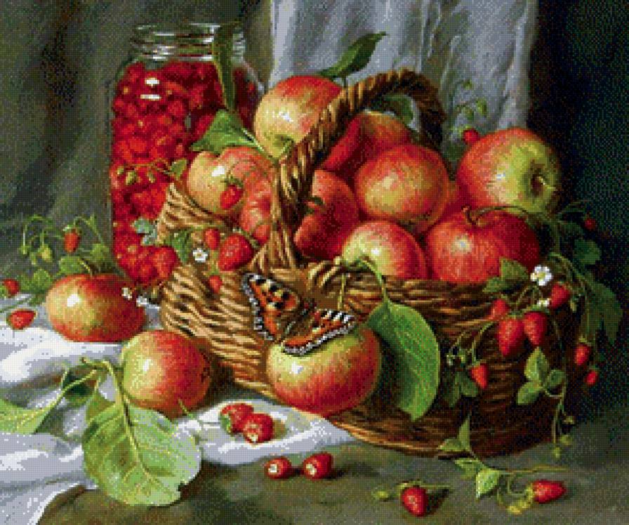 Летние дары - корзинка, яблоки, земляника - предпросмотр