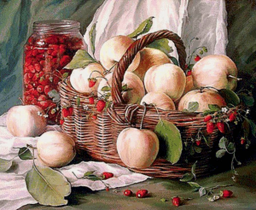 Летние дары - корзинка, земляника, яблоки - предпросмотр