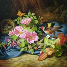 Схема вышивки «шиповник и птица»