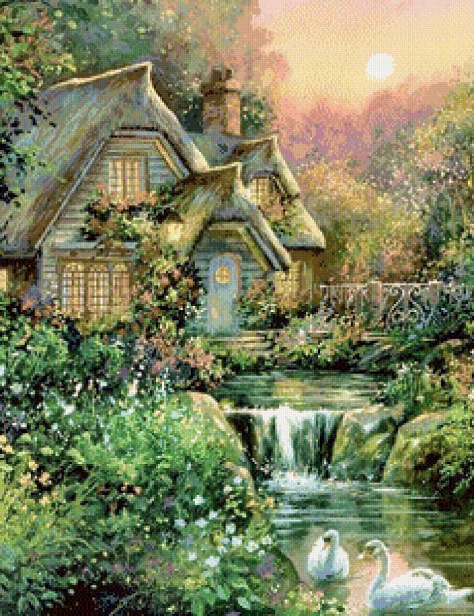 Домик с лебедями - пейзаж, пруд, домик, лебеди - предпросмотр