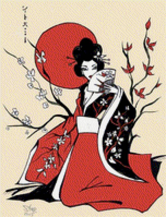 Японка - восток, женщина, гейша, цветы, япока, девушка - предпросмотр