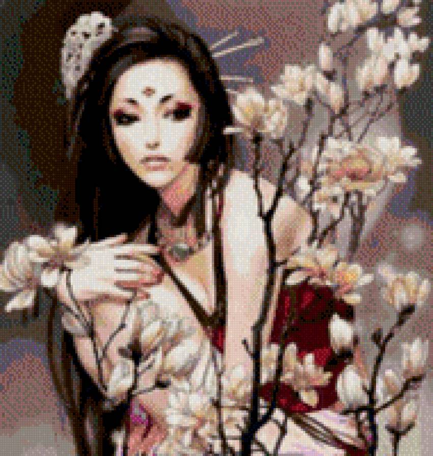 Японка - восток, женщина, цветы, девушка, япока - предпросмотр