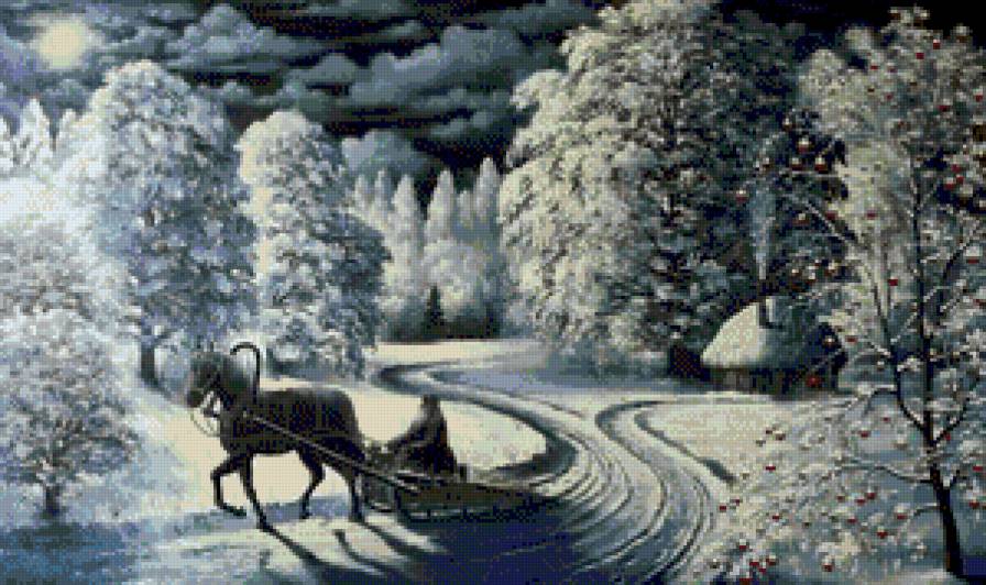 В.Марков. Дорогой длинною... - пейзаж, зима, живопись, домик, деревья, дорога, сани, лошадь - предпросмотр