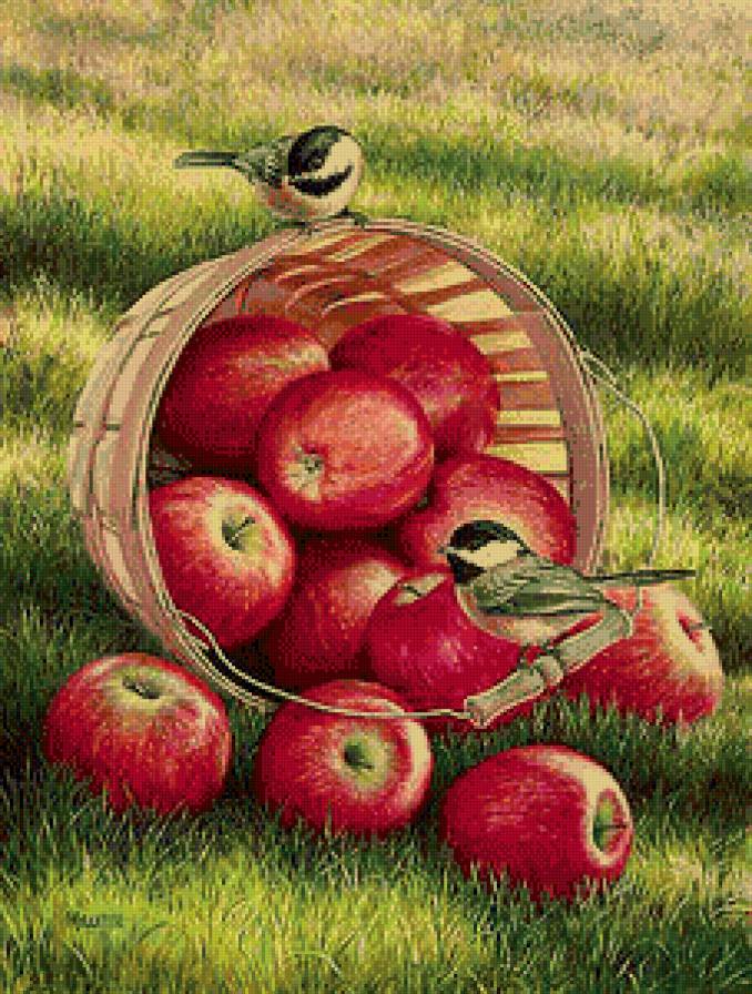 синички - яблоки, корзина, птицы - предпросмотр