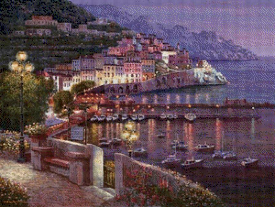 сиреневый вечер - город, берег, море - предпросмотр