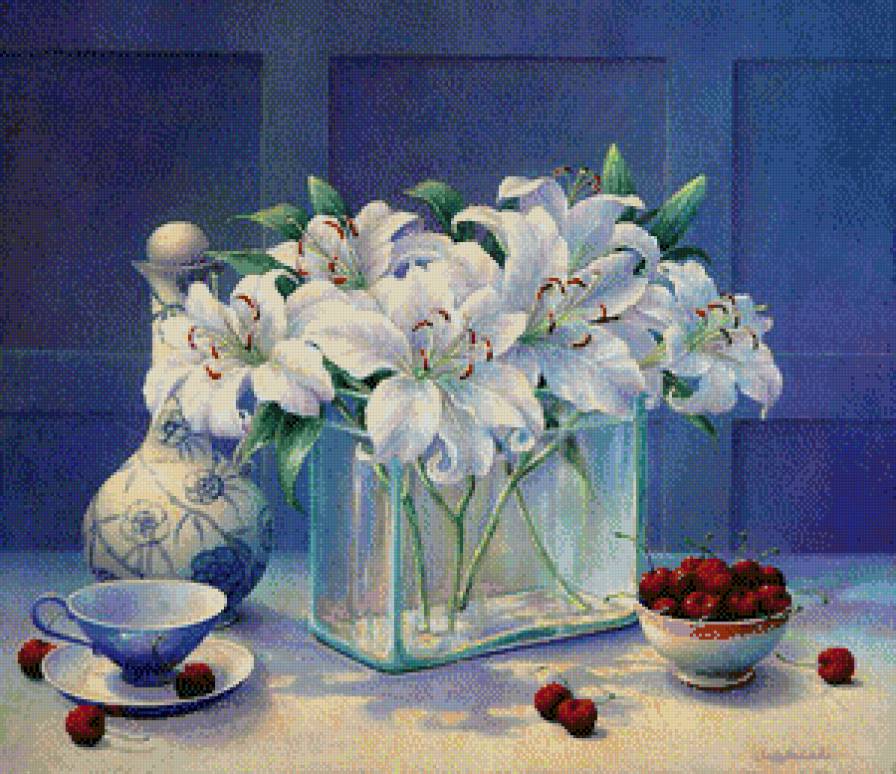 лилии - цветы.лилии.чашка.вишня.фрукты - предпросмотр