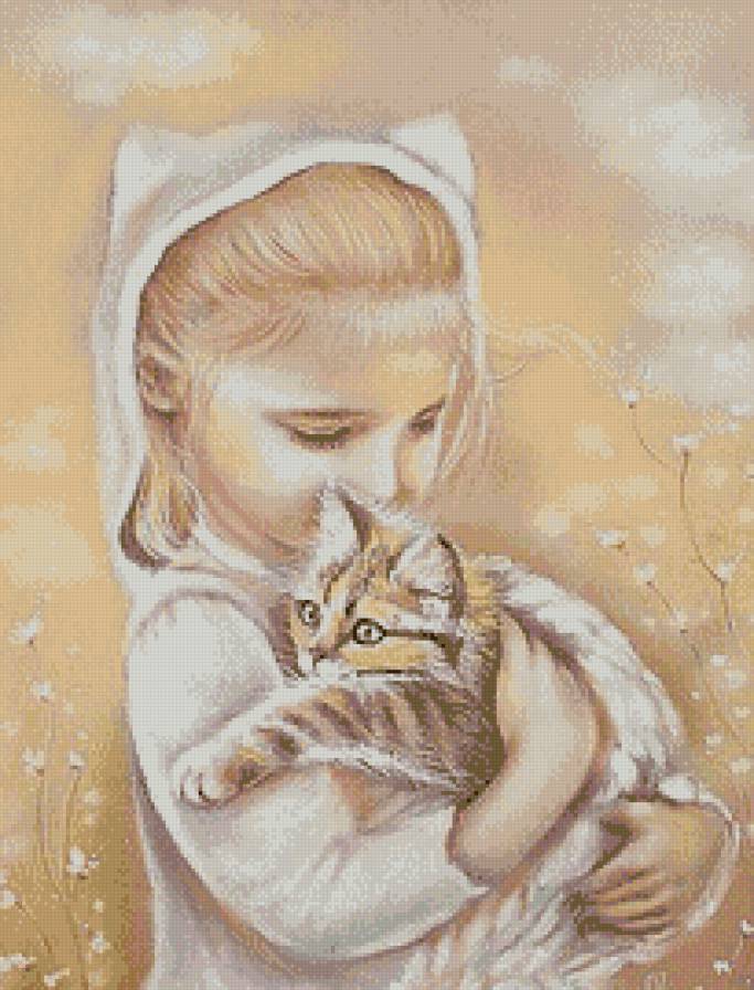 Любимый котенок (живопись) - дети, животные, люди, кошки - предпросмотр