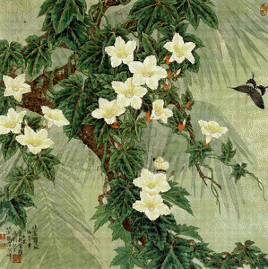 Восточная живопись - бабочки, цветы, восток - предпросмотр