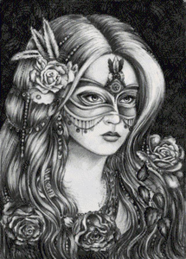 Девушка в маске - маскарад, девушка, дама, монохром, маска, красавица - предпросмотр